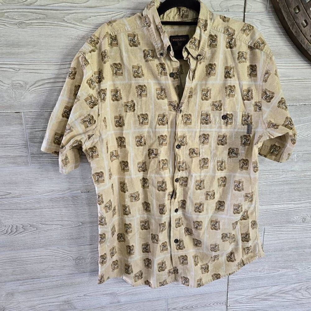 Woolrich All Over Print Deer Mens Button Down SZ L Hunting Cotton